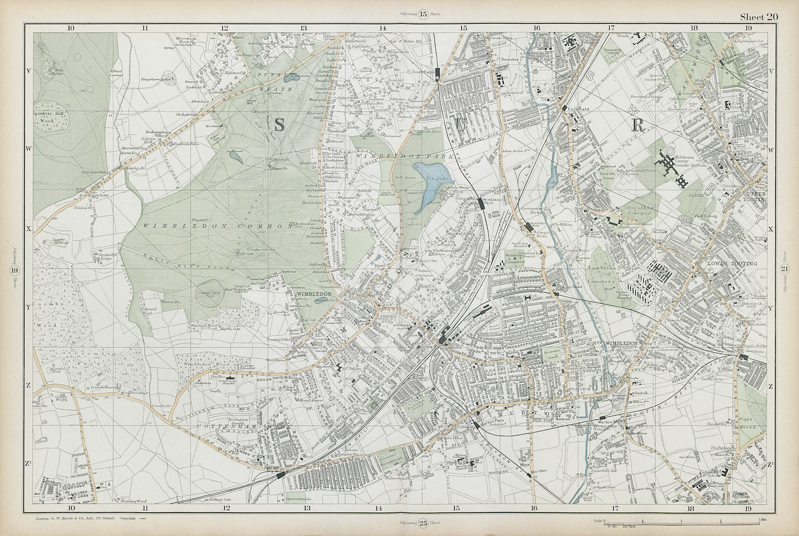 WIMBLEDON Merton Tooting Putney Heath Southfields Cottenham Park BACON  1906 map